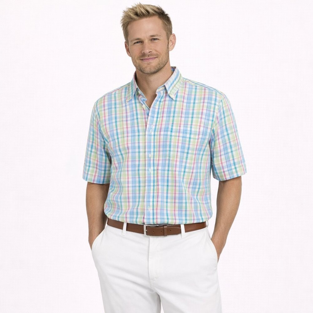 Grant Thomas Tartan Plaid Short Slv Button-Up Shirt Pastel Preppy Spring Summer